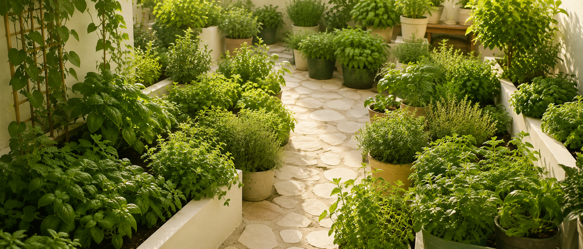 A sun-dappled garden courtyard with a stone path winding through abundant herb pots, climbing vines, and flowering plants