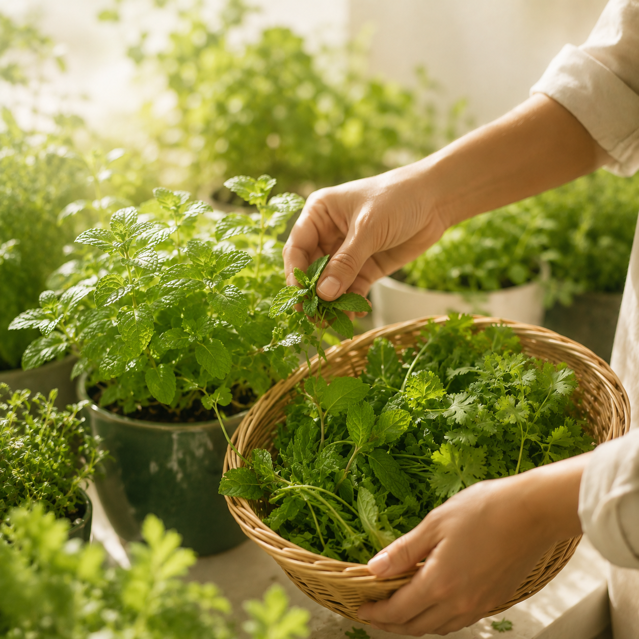 Hands picking fresh coriander and mint leaves into a wicker basket from a lush home herb garden